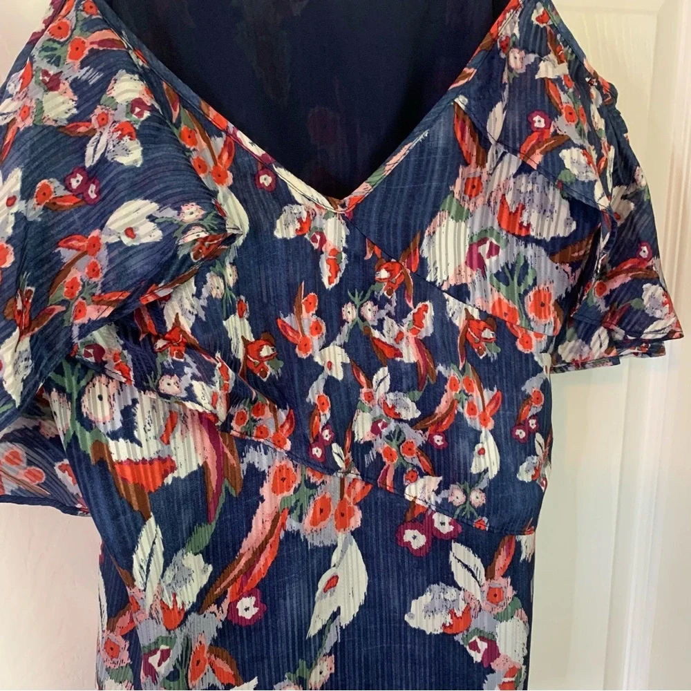 Tanya Taylor Navy Floral Cold-Shoulder Ruffle Silk Blouse, size 2 - Picture 6 of 11